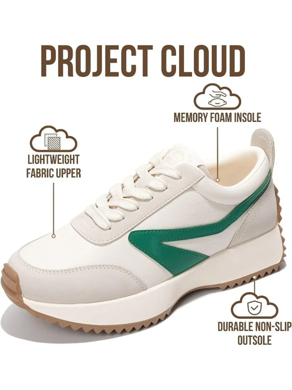 🆕Project Cloud Women's Green White Sneakers Memory Foam Lightweight Lace Up